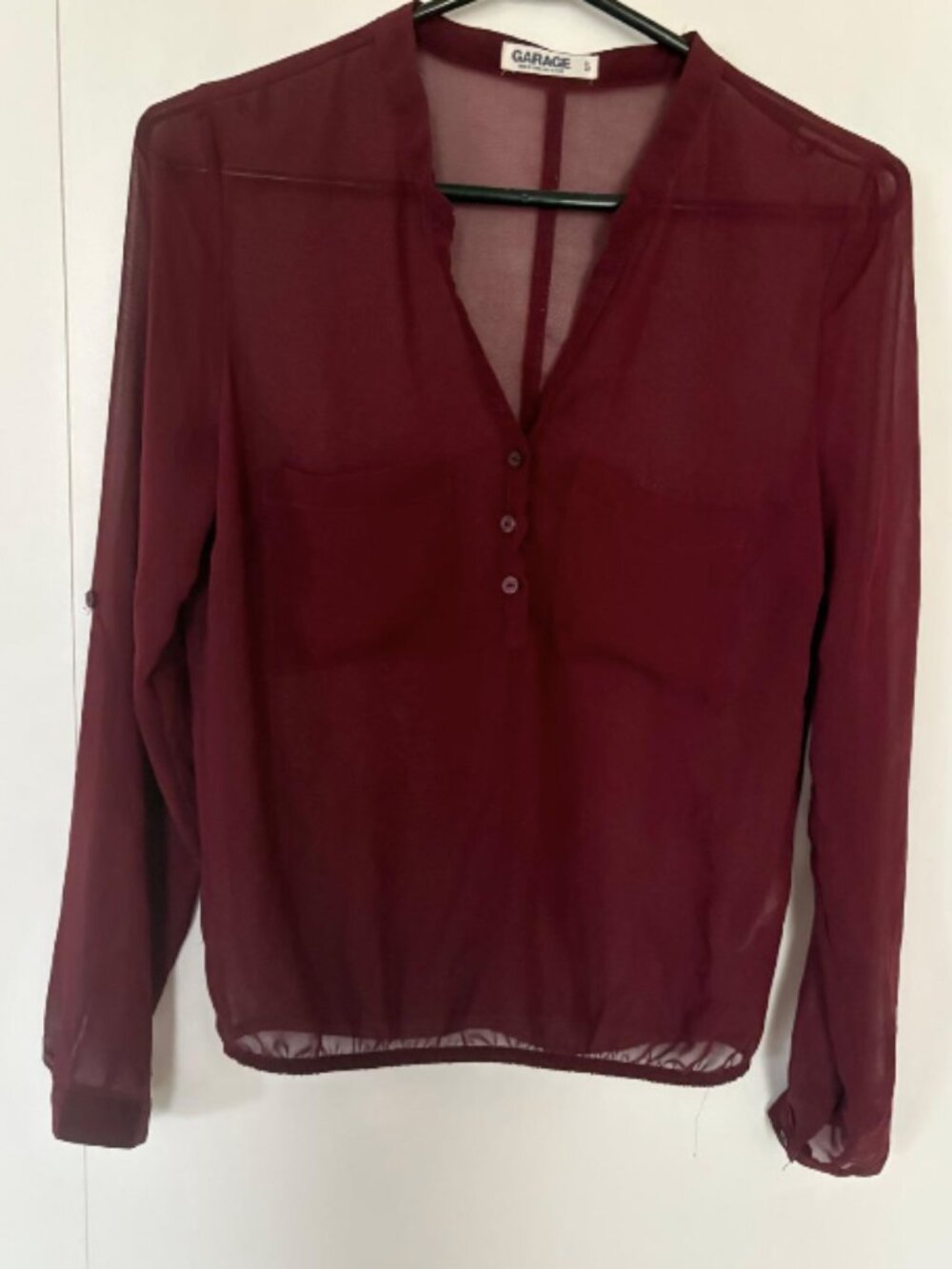 Sheer Burgundy Quarter-Buttoned Blouse with Adjustable Sleeves from Garage